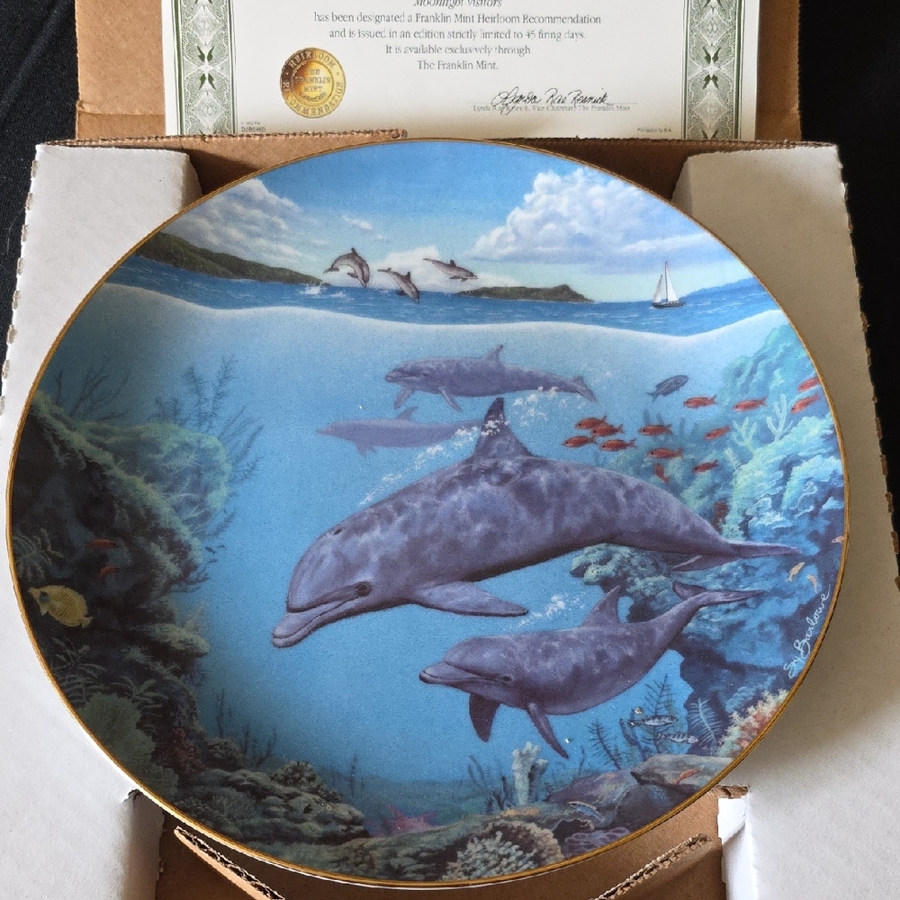 Marine Life Glass Art Plate with Dolphins